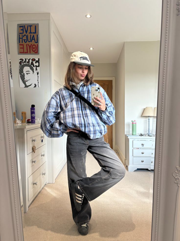 Laid-Back Streetwear with Plaid Layers & Superstars