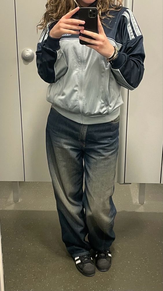 Sporty Throwback Denim with Track Jacket & Superstars