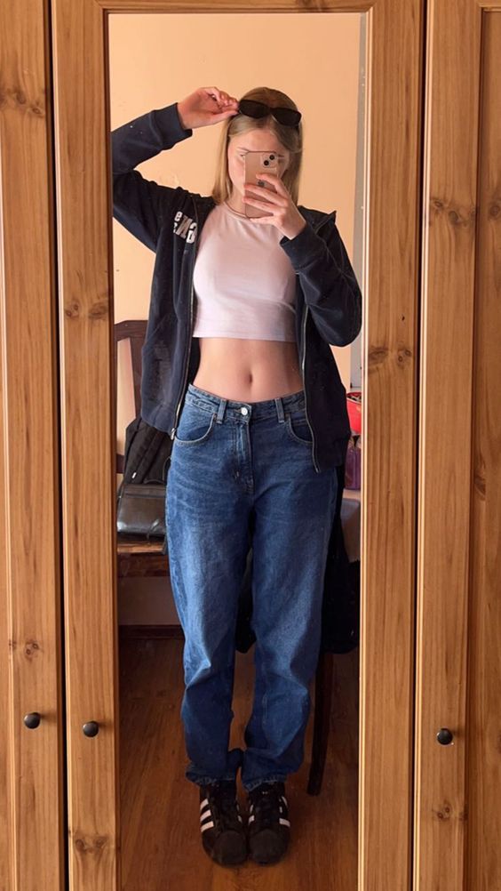 Casual Crop Layers with Relaxed Jeans & Superstars