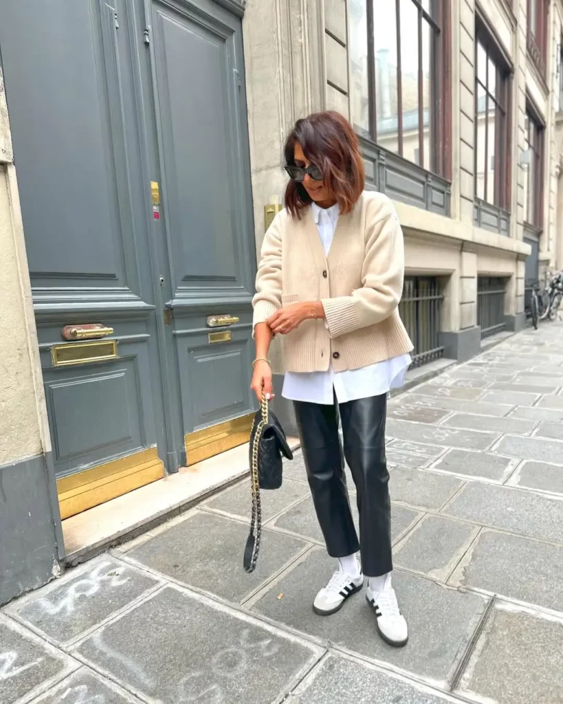 Knit Cardigan + Faux Leather Pants + Sambas