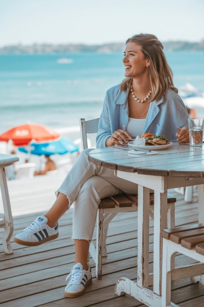 A coastal-inspired look: cropped white jeans, a chambray shirt, shell necklace, and white Adidas Campus 00s.