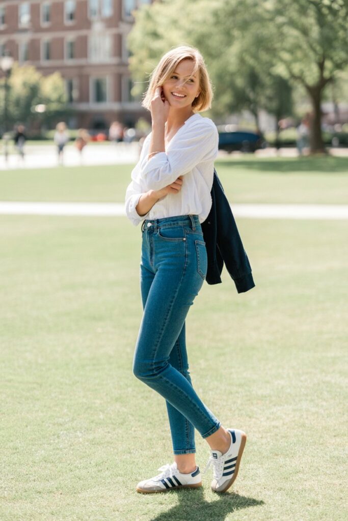 A woman in skinny jeans, a button-up, and white Adidas Sambas nails a preppy chic look.