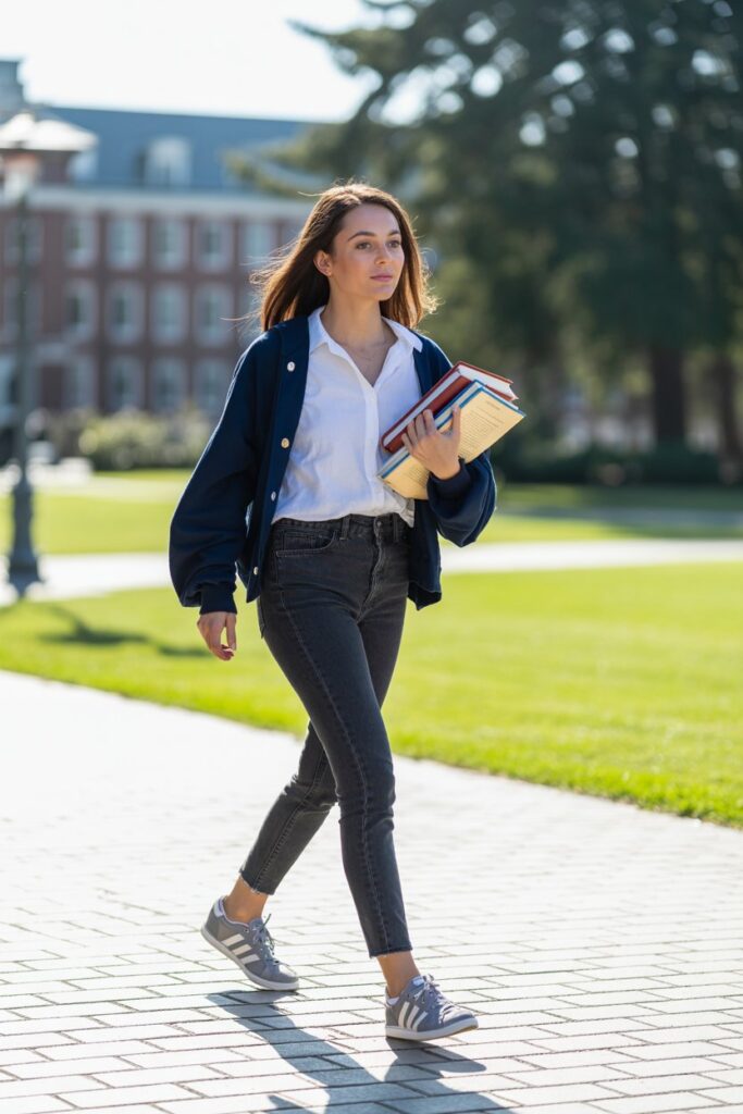 A preppy girl walking on campus in high-waisted skinny jeans,