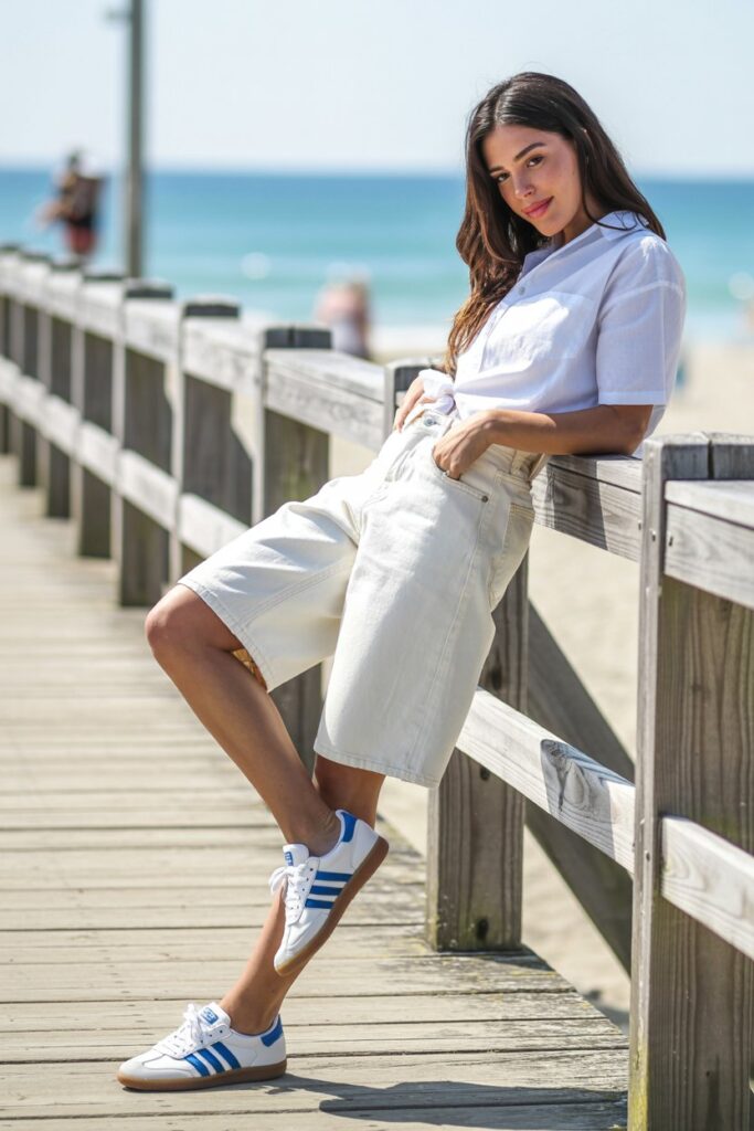 Woman in white Bermuda oversized denim shorts and white Adidas Sambas nails a preppy summer style.