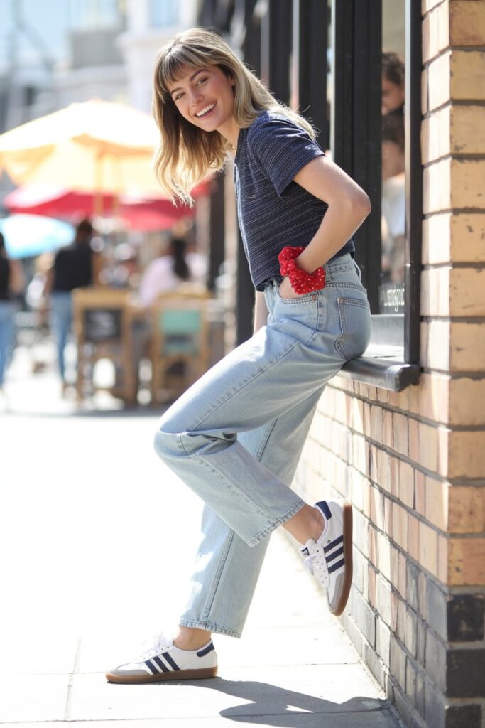 A woman in light wash jeans, a striped tee, and white Adidas Sambas shines in a timeless look.