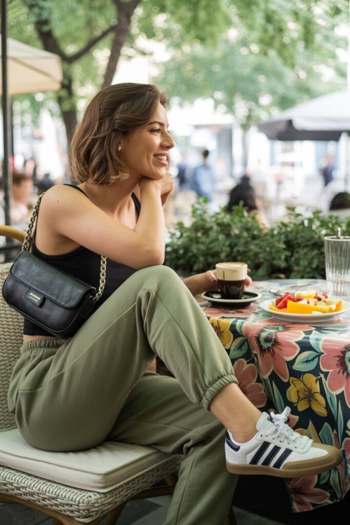 Casual chic woman at brunch in olive green sweatpants, black tank top, leather crossbody, and white Adidas Sambas	