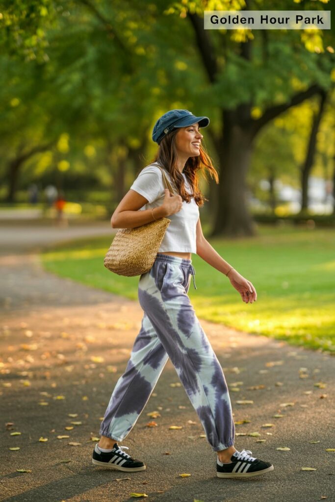 Free-spirited woman at the park in gray tie-dye sweatpants, white tee, denim cap, and black Adidas Sambas	
