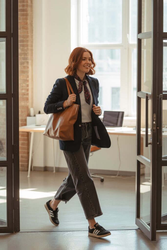 Smart-casual woman in dark wash jeans, navy blazer, silk scarf, and black Adidas Sambas walking into a creative workspace	