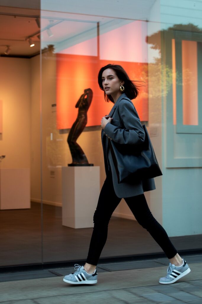 A chic woman in black skinny jeans, a gray oversized blazer, and gray Adidas Campus 00s.