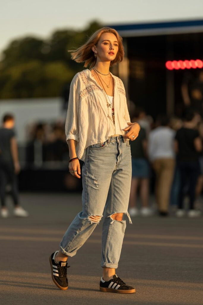 A woman in boyfriend jeans, a boho blouse, and black Adidas Sambas channels festival vibes.