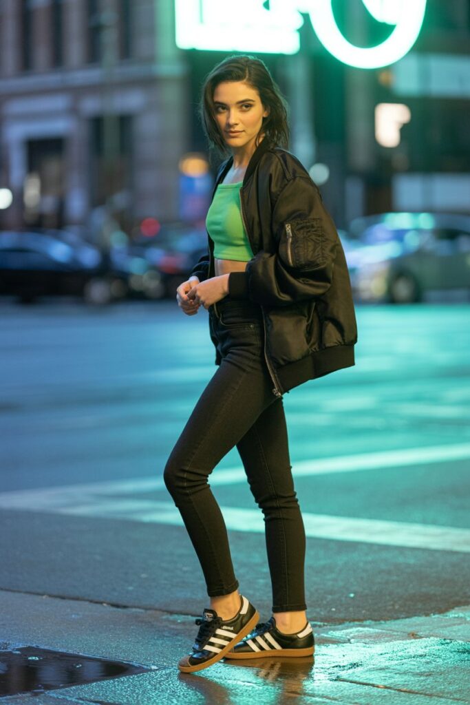 A woman in skinny jeans, a neon crop top, and black Adidas Sambas shines in a bold street look.