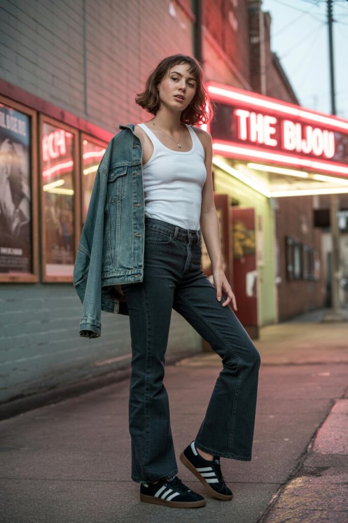 A woman in flare jeans, a white tank, and black Adidas Sambas rocks a retro denim look.