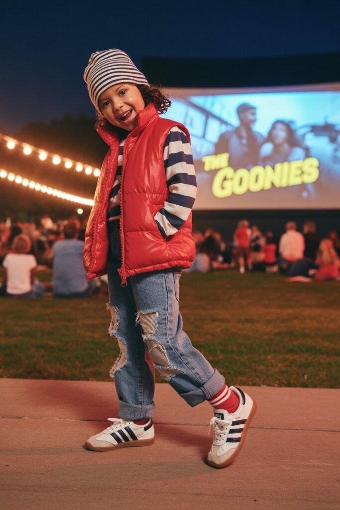 A child in a puffer vest, jeans, and white Adidas Sambas channels retro kids’ style.
