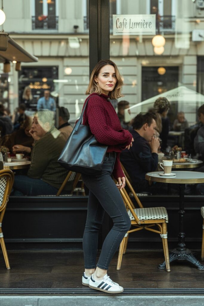 Cozy woman in burgundy knit sweater, black skinny jeans, leather tote, and white Adidas Sambas at a cafe	