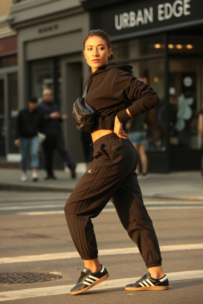 A woman in track pants, a cropped hoodie, and black Adidas Sambas rocks athleisure street style