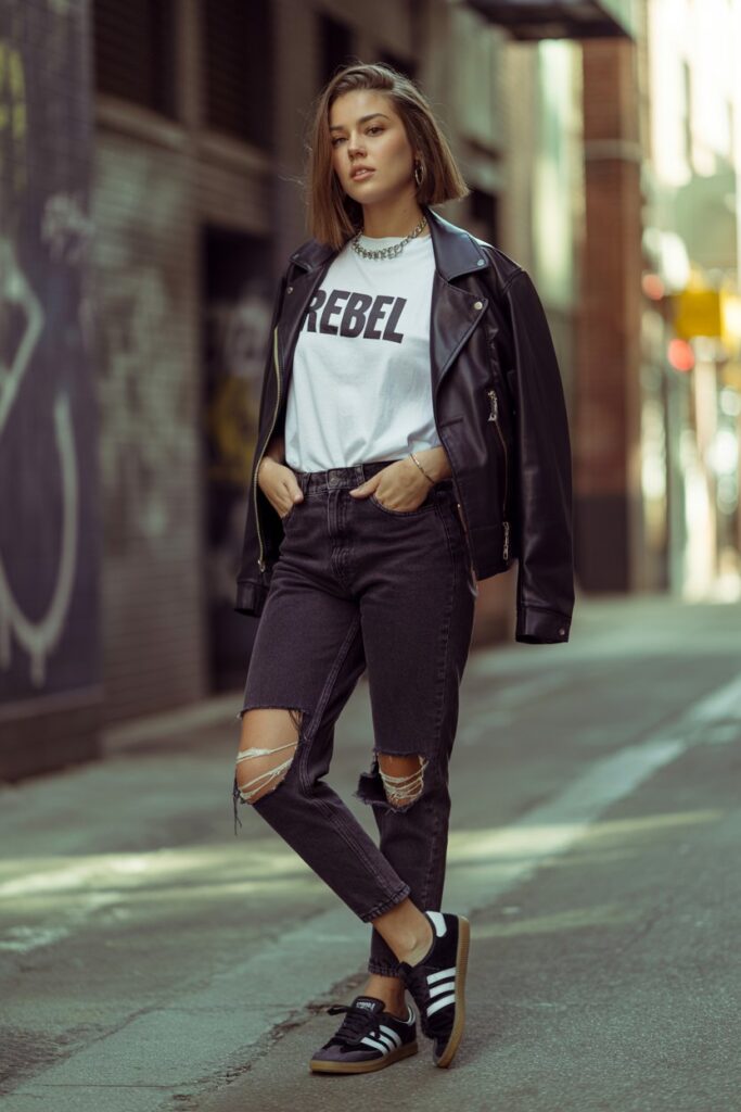 A woman in ripped jeans, a leather jacket, and black Adidas Sambas poses in a grunge street look.