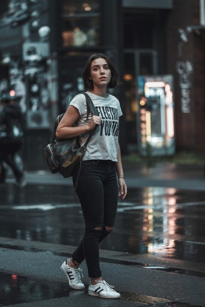 A stylish woman wearing ripped black skinny jeans, a white graphic tee, and classic white Adidas Superstars with black stripes.