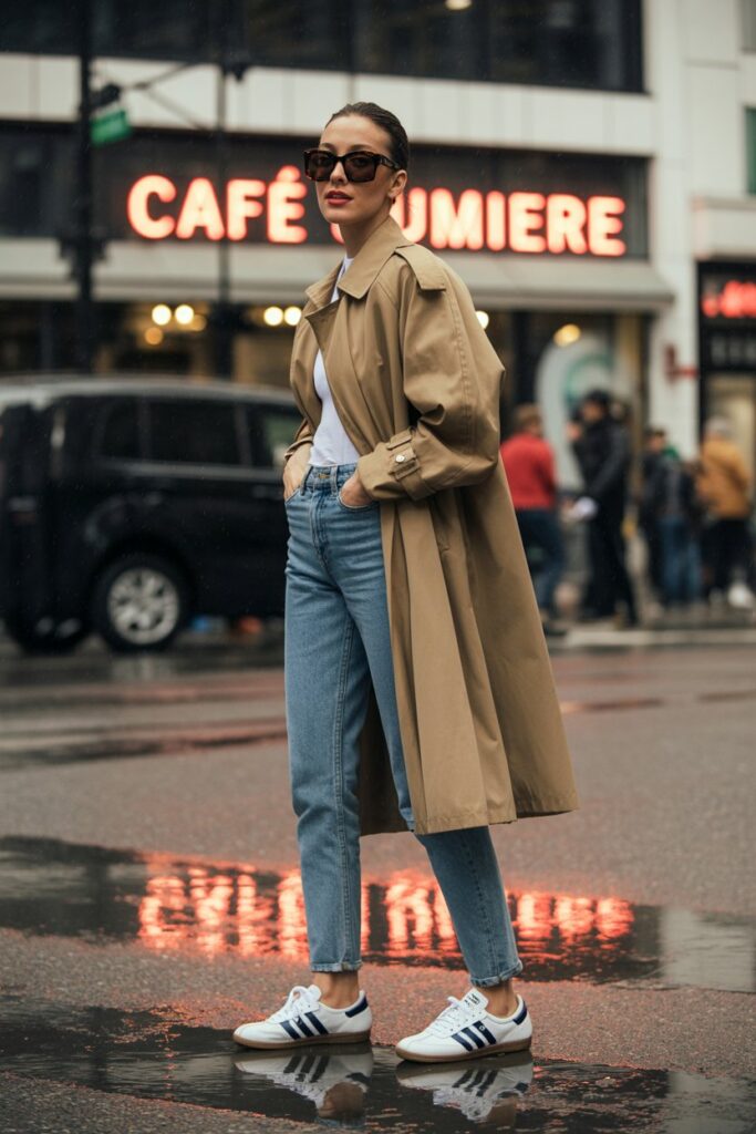 Iconic rainy-day look with a woman in a camel trench coat, slim-fit jeans, oversized sunglasses, and white Adidas Sambas	