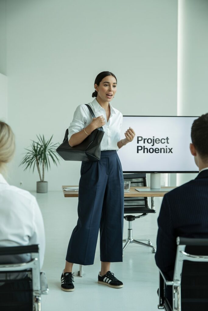 Trendy woman leading a meeting in navy culottes, tucked-in shirt, structured bag, and black Adidas Sambas	