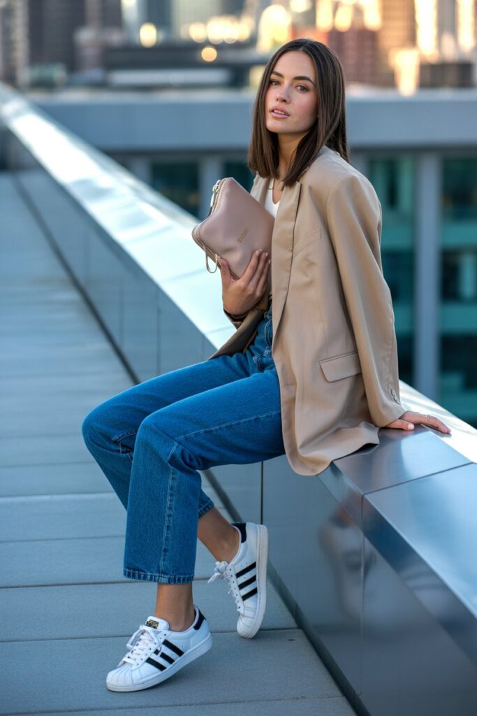 high-waisted blue straight jeans, beige oversized blazer, and white Adidas Superstar sneakers with classic shell toe and black stripes.