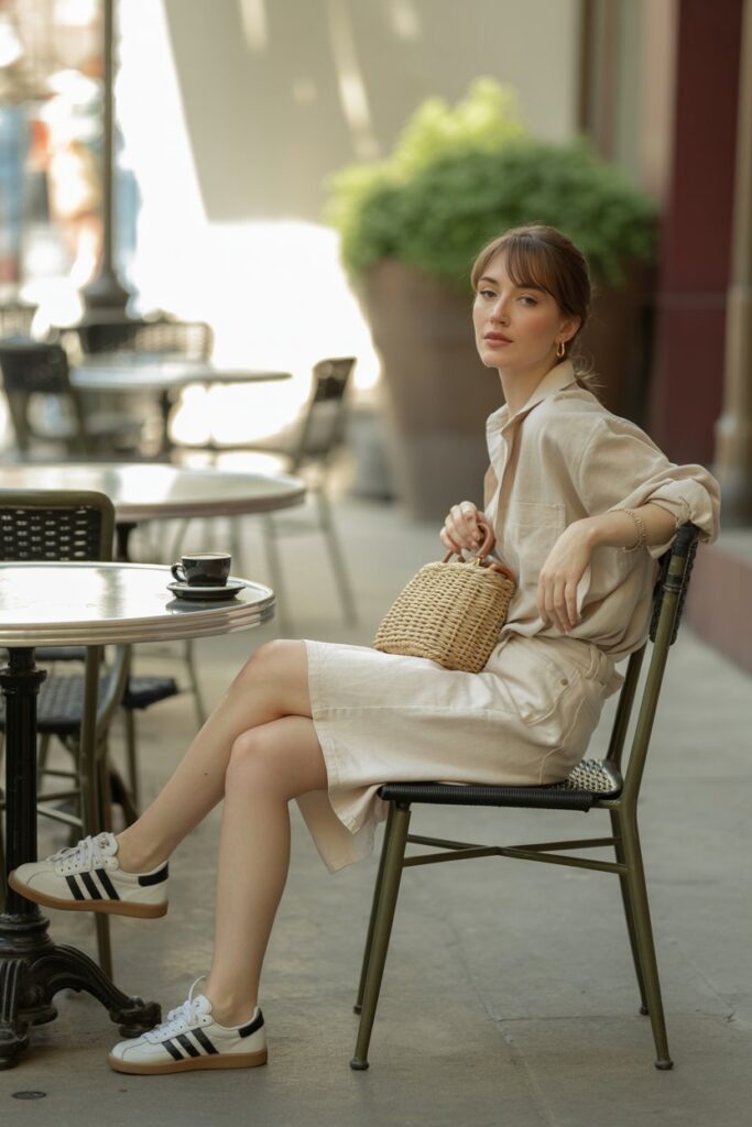 Minimalist woman at a café wearing oversized ecru denim shorts, beige linen shirt, woven handbag, and white Adidas Sambas	