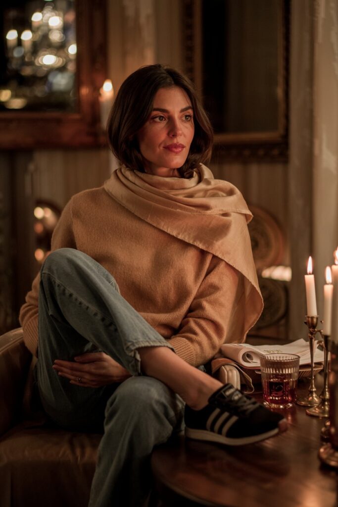 Classy woman at a candlelit dinner in dark wash jeans, camel cashmere sweater, silk scarf, and black Adidas Sambas	