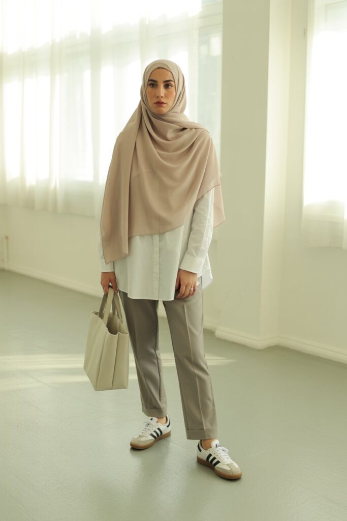 A woman in a beige hijab, white shirt, gray trousers, and white Adidas Sambas radiates minimalist chic