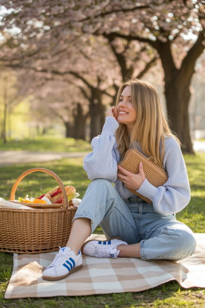 A spring picnic setup: light wash mom jeans, pastel blue sweater, woven clutch, and white Adidas Campus 00s.