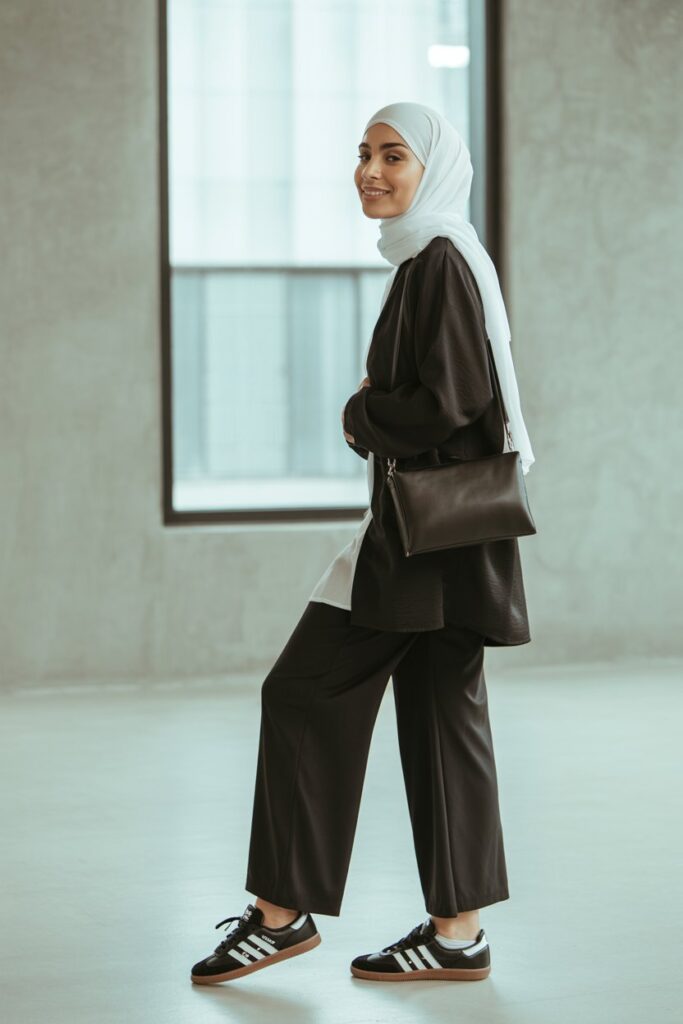 A woman in a white hijab, black tunic, culottes, and black Adidas Sambas exudes chic modesty.
