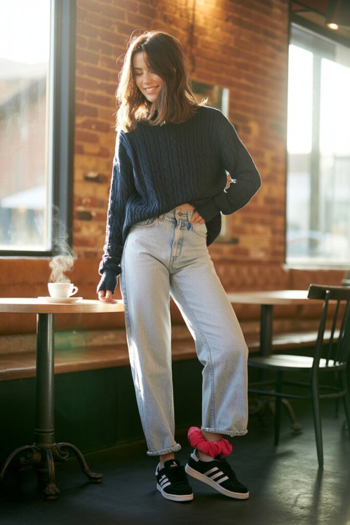 light wash straight-leg jeans, a navy sweater, and black Campus 00s