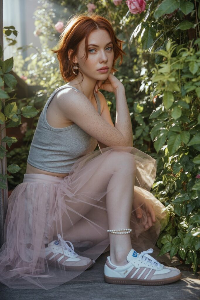 A woman in a blush tulle midi skirt, gray crop top, and white Adidas Sambas radiates whimsical street charm.