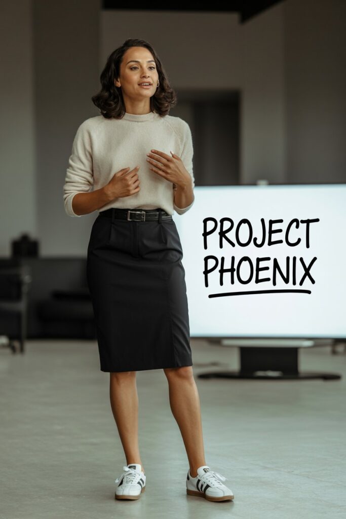 Confident woman pitching ideas in black pencil skirt, cream sweater, thin belt, and white Adidas Sambas	