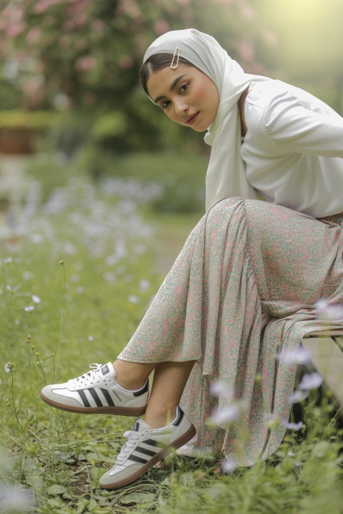 A woman in a white hijab, floral skirt, white top, and white Adidas Sambas blooms in style.