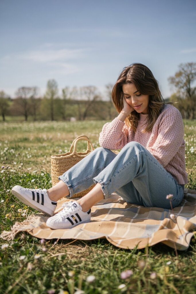 vintage wash mom jeans, pastel pink knit sweater, and white Adidas Superstar sneakers with black stripes and signature shell toe