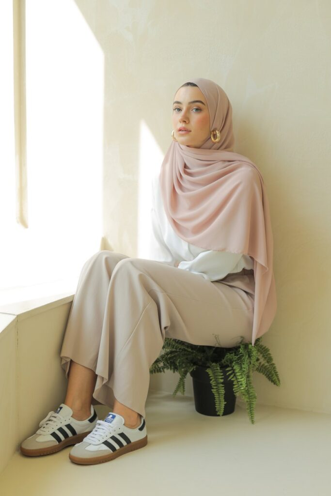 A woman in a pink hijab, white blouse, beige pants, and white Adidas Sambas glows in pastels.
