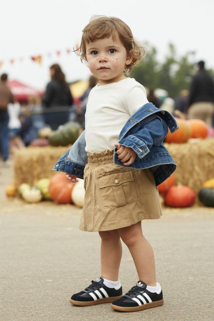 A child in a cargo skirt, white top, and black Adidas Sambas layers up in a cozy kids’ look.