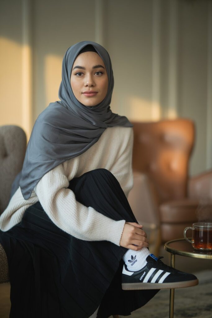 A woman in a gray hijab, cream sweater, black skirt, and black Adidas Sambas looks cozy and chic.