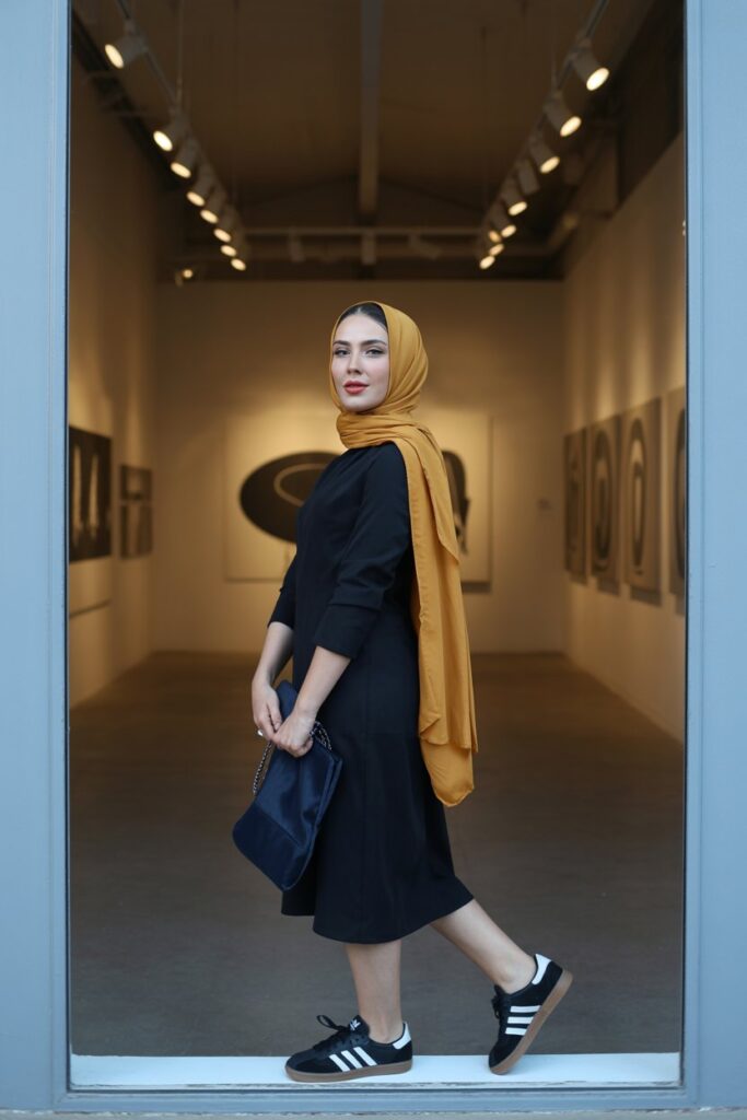 A woman in a gray hijab, cream sweater, black skirt, and black Adidas Sambas looks cozy and chic.