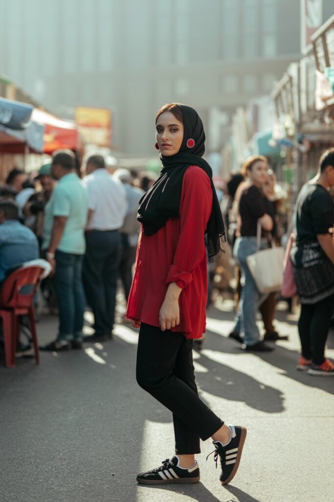 A woman in a black hijab, red tunic, black pants, and black Adidas Sambas exudes bold confidence.