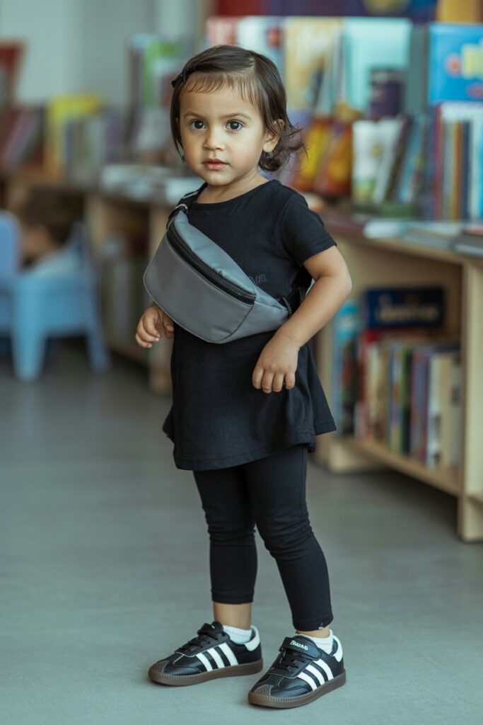 A child in black leggings, a tee, and black Adidas Sambas rocks a sleek monochrome kids’ look.