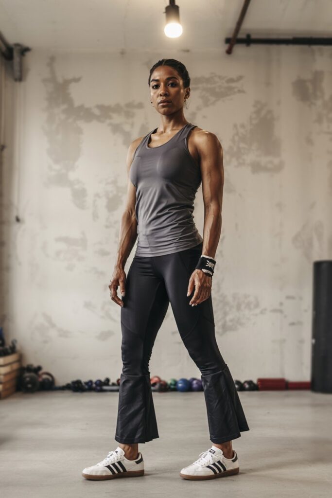 woman in white Adidas Samba sneakers, black flared leggings, gray tank top, wrist wrap accessory, weightlifting gym setting, strong and clean fitness aesthetic