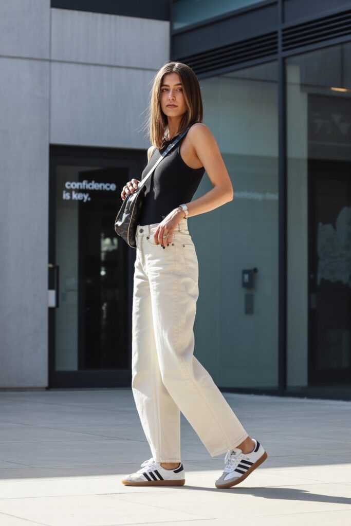 A woman in ecru wide-leg jeans, a bodysuit, and white Adidas Sambas radiates chic style.