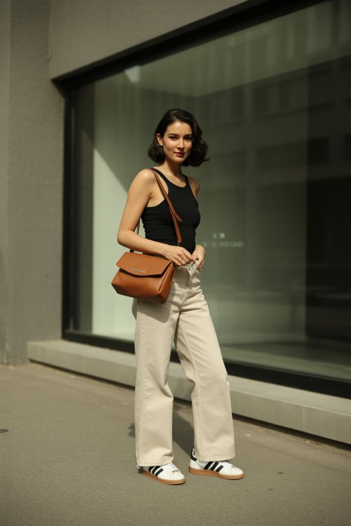 A modern woman in a minimal outfit: ecru wide-leg jeans, a sleek black bodysuit, and crisp white Adidas Campus 00s