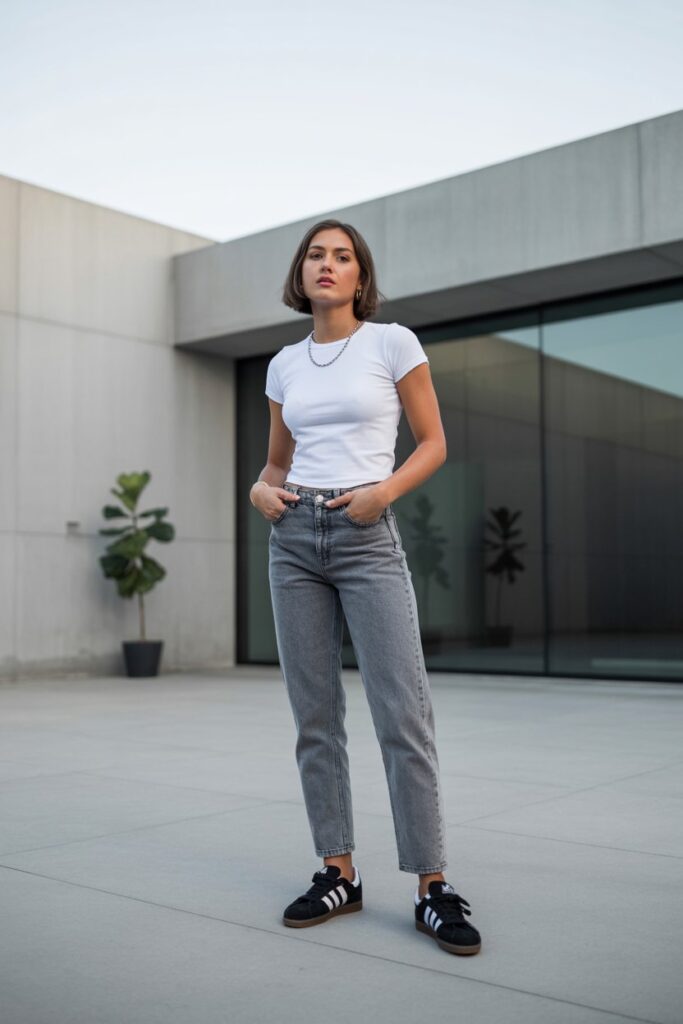 A modern minimalist in gray straight-leg jeans, a white fitted tee, silver chain necklace, and black Adidas Campus 00s