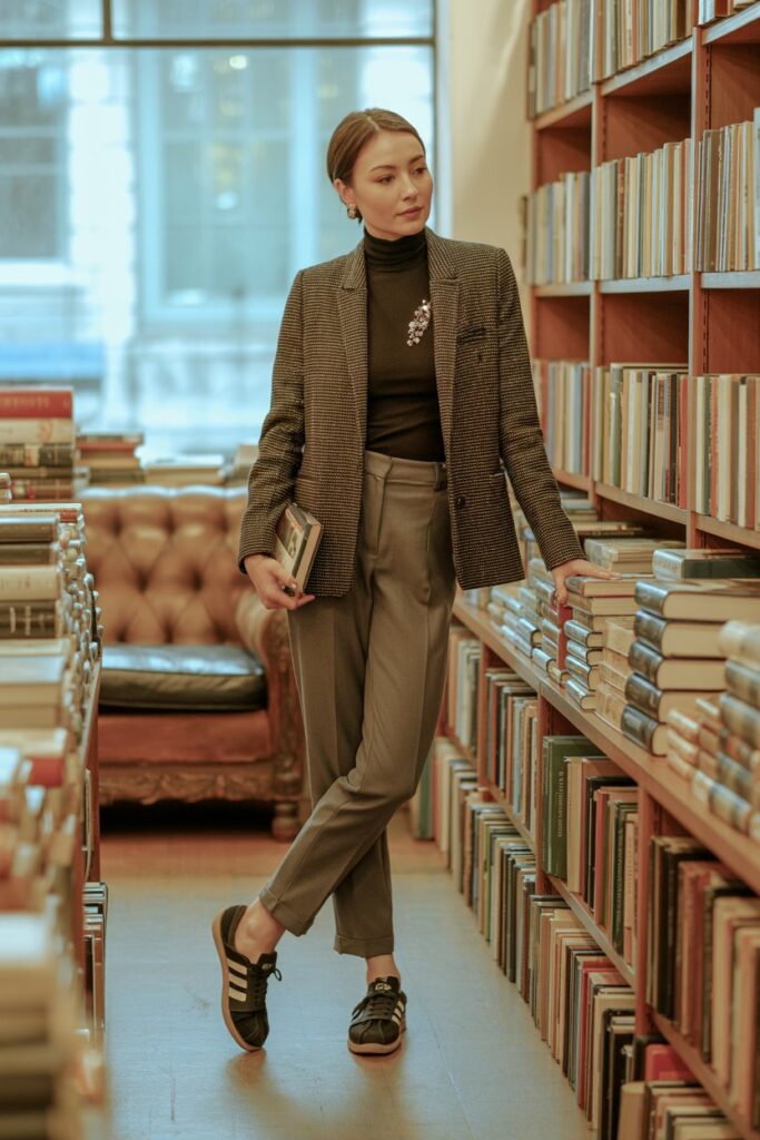 Cultured woman in a bookshop with a tweed jacket, black turtleneck, tailored pants, vintage brooch, and black Adidas Sambas	
