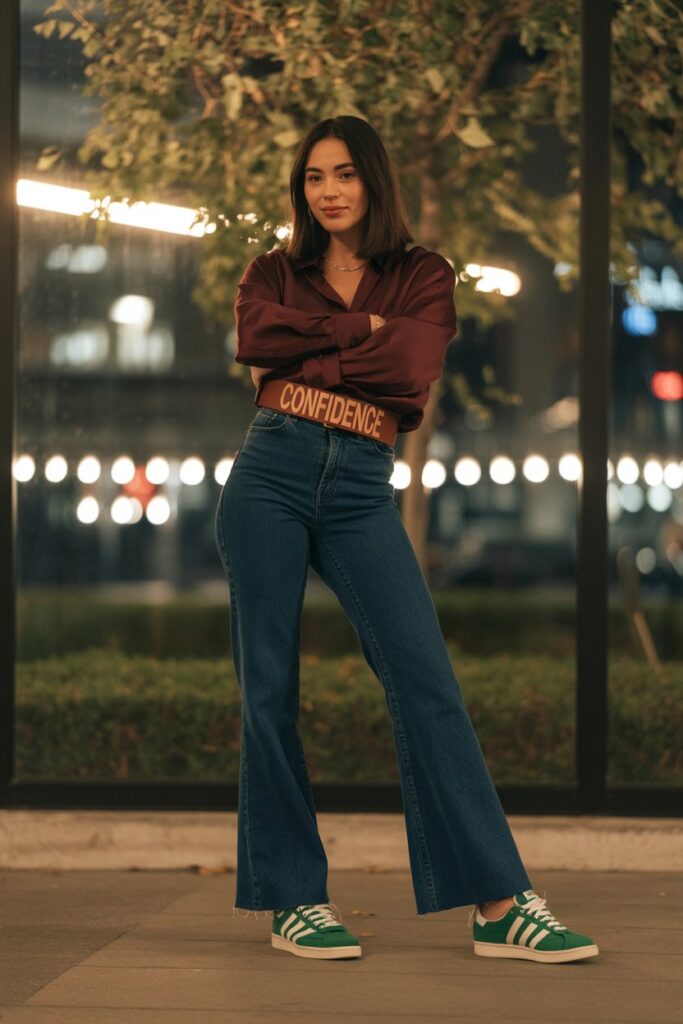 Statement dinner date look: high-waisted dark wash flare jeans, burgundy blouse, green Adidas Campus 00s