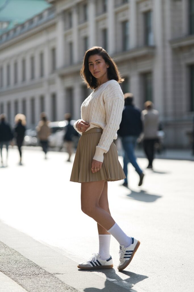A woman in a mini skirt, white sweater, and white Adidas Sambas rocks a preppy street look.
