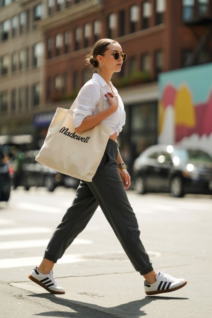 Sleek woman on errands in charcoal tapered sweatpants, crisp white button-up, tote bag, and white Adidas Sambas	