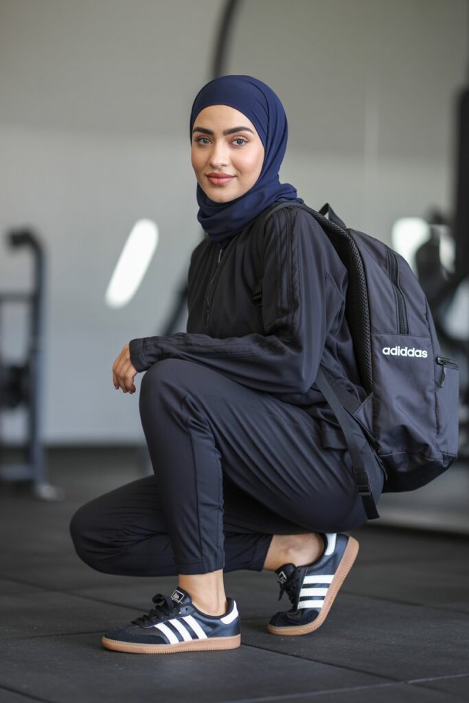A woman in a navy hijab, black athleisure outfit, and black Adidas Sambas sports a gym-ready look.