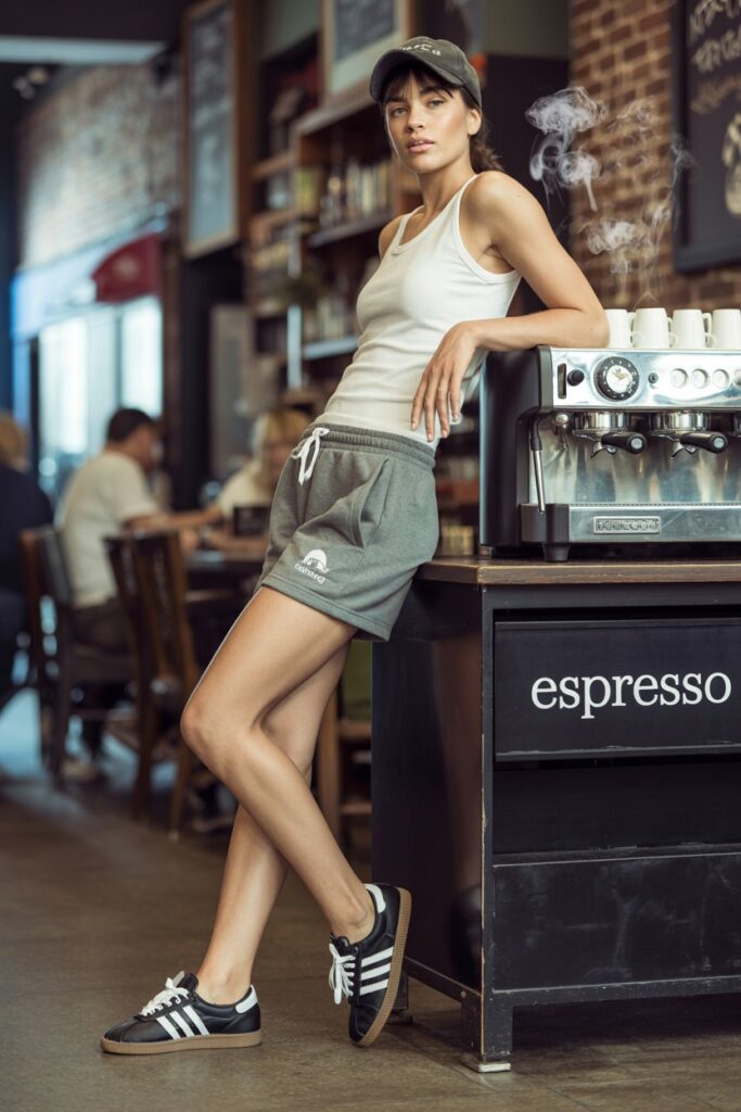 A woman in sweat shorts, a white tank, and black Adidas Sambas nails casual street style.